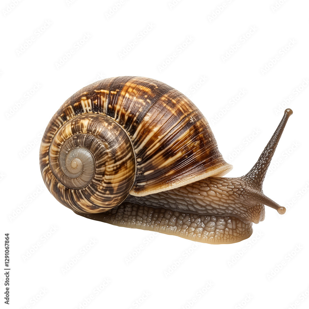 Poster a closeup of a patterned snail crawling on a transparent background, highlighting its unique shell a