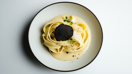 Creamy fettuccine adorned with black truffle, garnished with fre