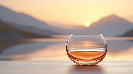 Golden hour whiskey glass by tranquil lake