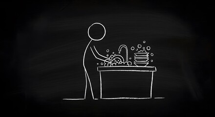Chalkboard-Style Stick Figure Washing Dishes at the Sink – Household Chores and Responsibility Concept