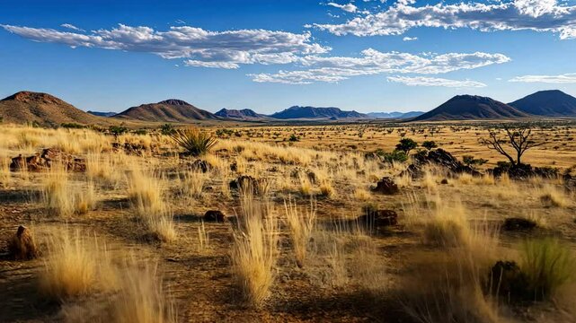 A dramatic landscape photo highlighting desertification effects, with cracked earth and sparse vegetation.