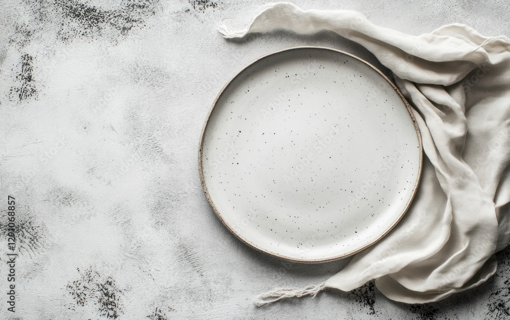 Poster minimalist background with an empty plate and cloth on a light grey concrete table, a flat lay top v