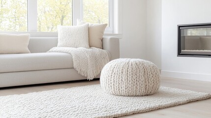 Cozy living room with knitted ottoman