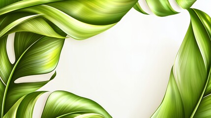 Lush Green Tropical Leaves Frame on White Background