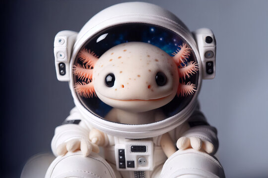 a close up of a stuffed animal in a space suit, cute axolotl, pink, blue, purple cosmic background. Whimsical space adventure art for kids room decor, toys, learning materials, imaginative branding