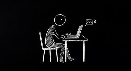 Chalkboard-Style Stick Figure Typing on a Laptop and Sending an Email – Digital Communication Concept