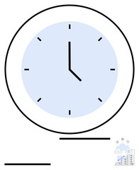Circular analog clock with thin black hands, light blue background, cloud computing and data storage icons. Ideal for time management, technology, productivity, teamwork, innovation, deadlines
