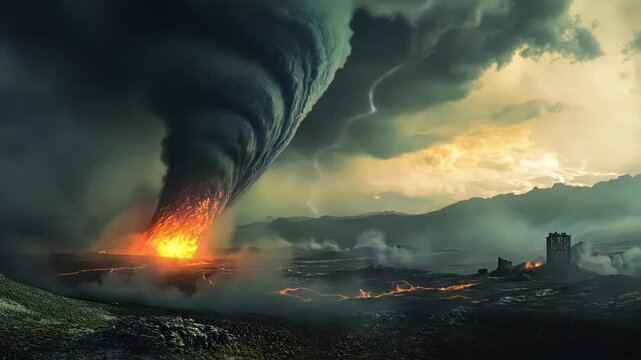 A dramatic tornado captured in a remote landscape, emphasizing the power of natural phenomena