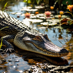 Obraz premium American Alligator Partially Submerged in Murky Water