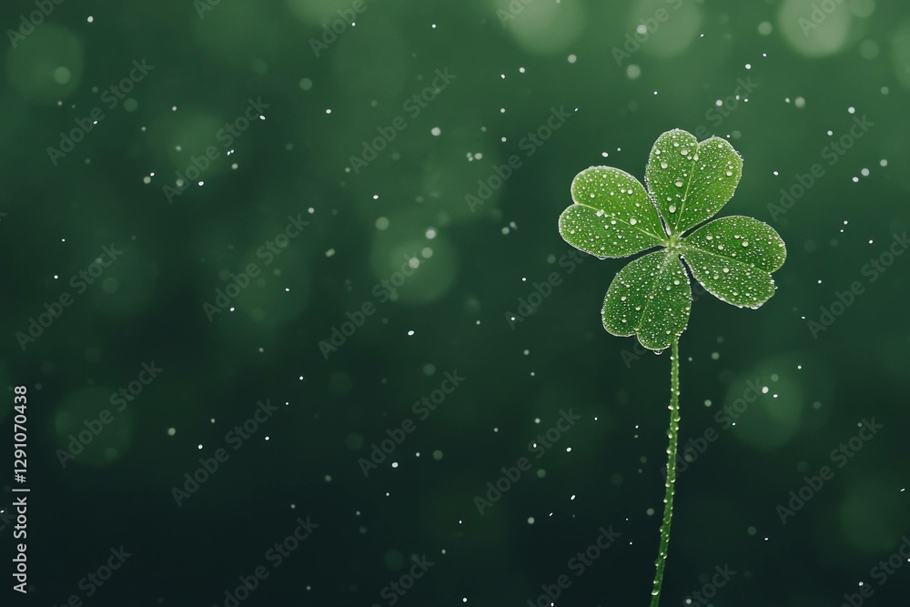 Poster close up of a single clover leaf with droplets on it, symbolizing luck and nature, set against a bea
