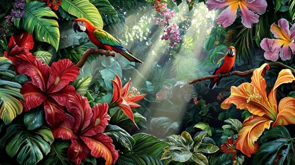 Two Macaws in a Lush Tropical Rainforest with Sunlight Streaming Through
