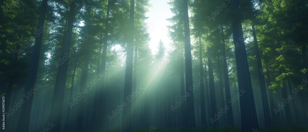 Wall mural sunbeams filtering through the trees in a forest