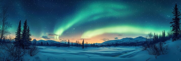Fototapeta premium Breathtaking panoramic view of a glowing northern lights display in the sky