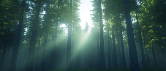 Naklejka premium Sunbeams filtering through the Trees in a Forest