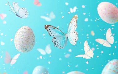 Bright cyan gradient with floating pastel butterflies and Easter eggs Easter