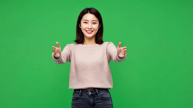 A friendly woman extending her arms forward as if warmly inviting someone for a hug