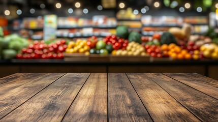 Empty Wooden Table Top with a Blurred Supermarket Background Featuring Colorful Fruits, Vegetables, and Grocery Shelves — Ideal for Product Display in a Fresh and Vibrant Supermarket Environment.