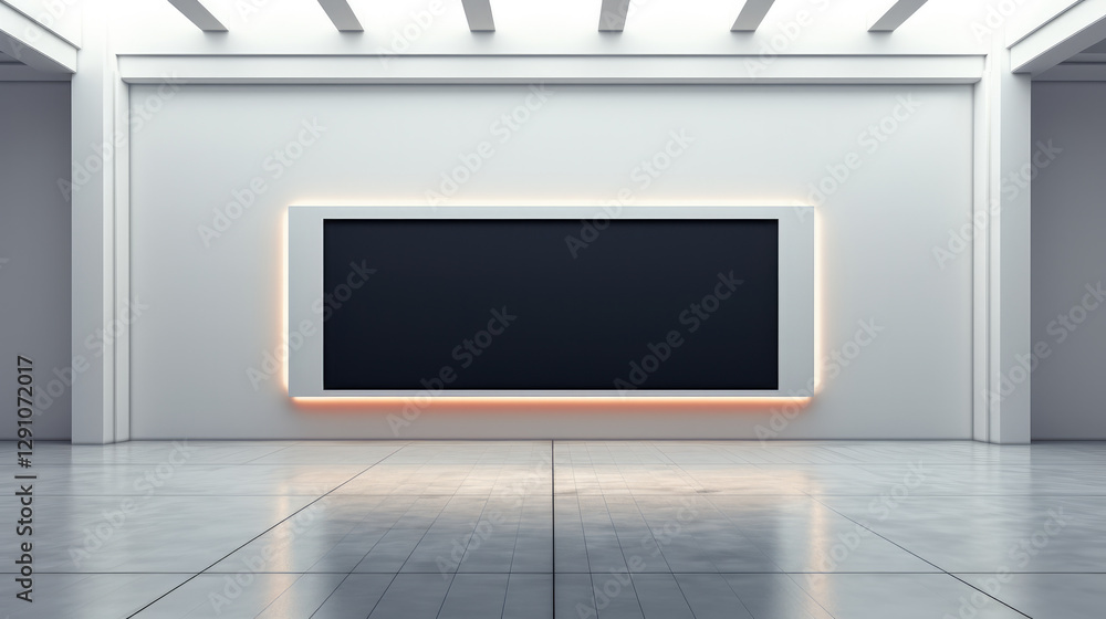 Poster modern rectangular black display with glowing frame in minimalist room