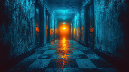 Endless hallway with flickering lights and mysterious doors evokes fear of the unknown