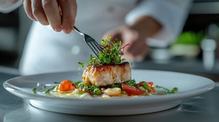 A chef garnishes a beautifully plated salmon dish, showcasing culinary artistry and vibrant ingredients in a professional kitchen setting.