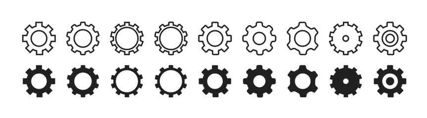 Set of gears icons. cogwheel vector collection, mechanical gear shapes, engineering symbols, industrial machinery, sprocket designs