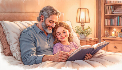 A grandfather and granddaughter read a bedtime story 