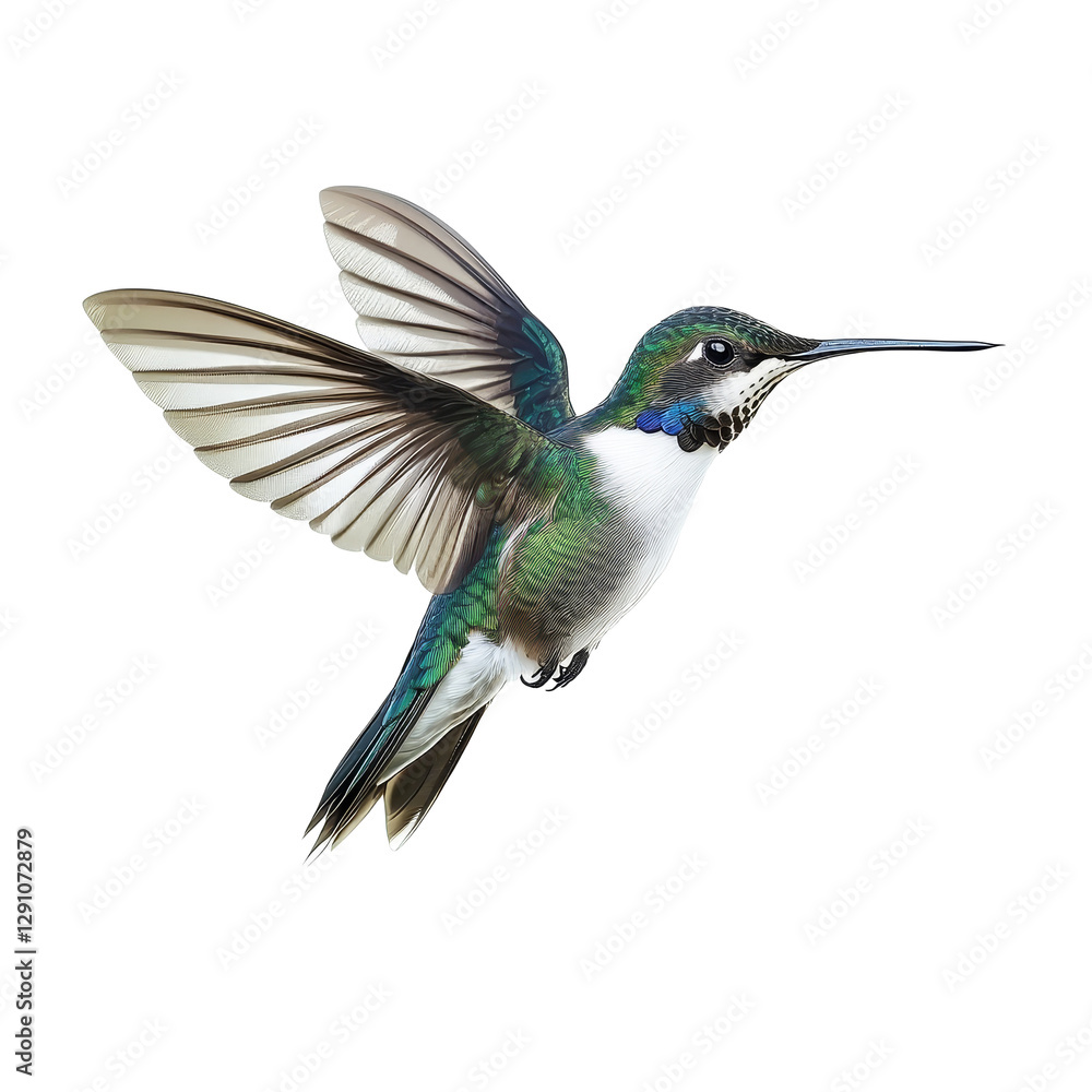 Poster a vibrant hummingbird hovering against a transparent background, showcasing its iridescent feathers 