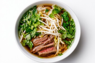 Savory bowl filled with fresh herbs, tender beef slices, and noo