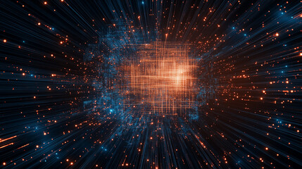 Fototapeta premium Digital Matrix: An abstract representation of a digital matrix, with interconnected data streams radiating outwards from a central point, creating a sense of complexity and technological advancement.