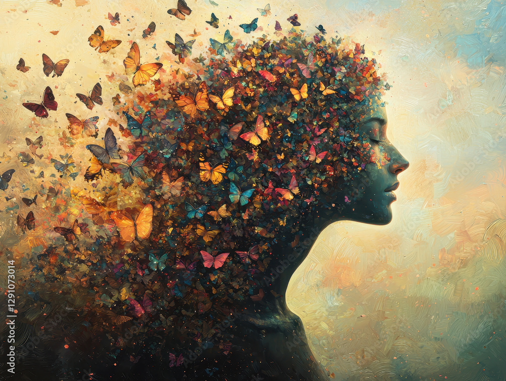 Poster human figure dissolving into a radiant swarm of butterflies as fears fragment under a glowing twilig