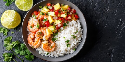 Coconut Shrimp with Pineapple Salsa and Rice on a natural stone background