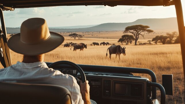 Fototapeta Lottery jackpot winner exploring a luxury safari lodge in Africa. Featuring adventure and discovery