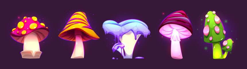 Magic neon mushrooms set isolated on black background. Vector cartoon illustration of fantasy alien plants glowing in fairytale forest, poisonous fungus for witch potion, wonderland landscape element