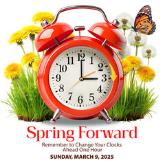 Spring Forward at March 9, 2025 information banner. Clock move one hour forward, daylight saving time begins. Red alarm clock surrounded by spring dandelion flowers with time changing one hour forward