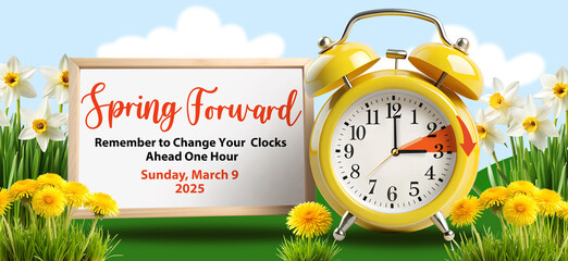 Daylight Saving Time Begins and Spring Forward info banner. Yellow alarm clock moved forward one hour at march 9, 2025