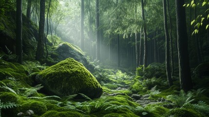 A serene view of a lush forest, moss-covered rocks scattered throughout the landscape