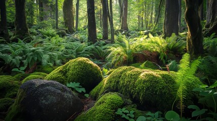 A serene view of a lush forest, moss-covered rocks scattered throughout the landscape