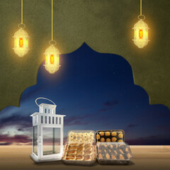 Traditional glowing Arabic lanterns hanging with a mosque dome pattern and variation of cake to...