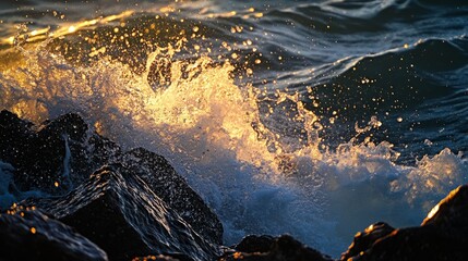 A dramatic close-up of ocean waves crashing against sharp, dark rocks