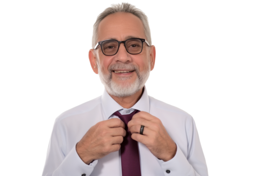 Stern middle-aged Arab male professor adjusting tie isolated on transparent white background - Powered by Adobe
