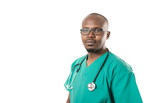Determined young Somali male doctor in scrubs with stethoscope isolated on transparent white background