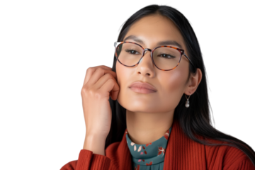 Thoughtful Native American female librarian thinking isolated on transparent white background