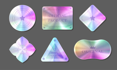 Hologram quality stickers set isolated on background. Vector realistic illustration of round, square, triangle, rhombus shape labels with holographic gradient effect, original product certificate sign
