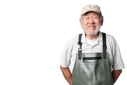 Calm elderly Japanese fisherman in rubber boots  isolated on transparent white background