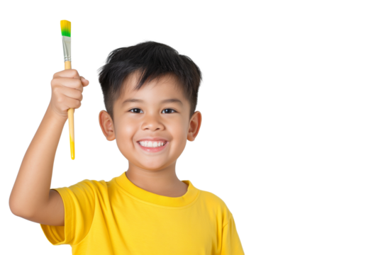 Smiling Filipino child artist holding paintbrush thumbs-up isolated on transparent white background