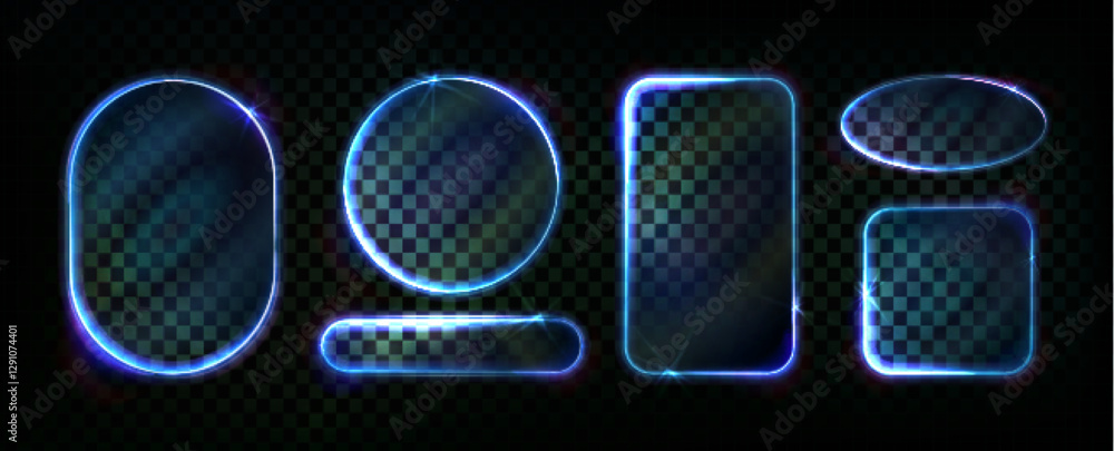 Poster blue neon light frames set isolated on transparent background. vector realistic illustration of roun