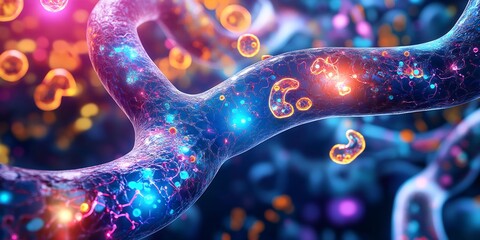 Ultra realistic view of metabolic pathway during fasting state scientific mapping glowing molecular structure intricate chemical flow design vibrant gradient background 3D texture photorealistic