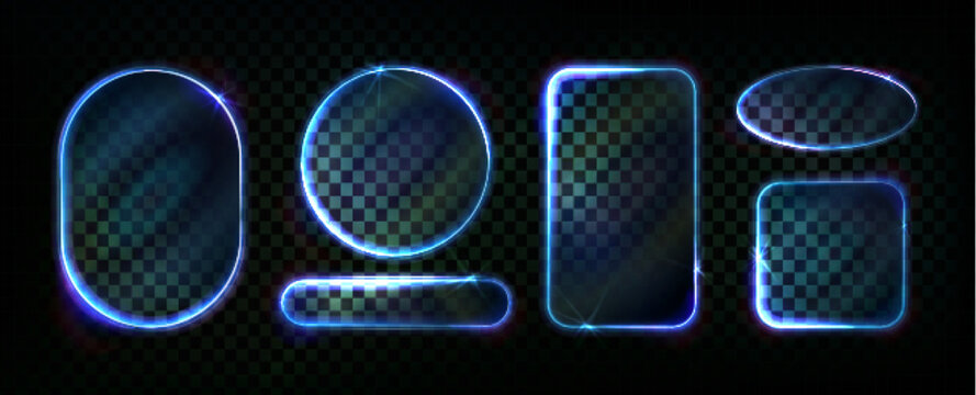 Blue neon light frames set isolated on transparent background. Vector realistic illustration of round, oval, rectangular and square shape borders, web or mobile app user interface design elements