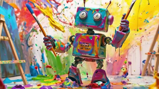 Robot Painter Creating Abstract  Artwork with Vibrant Colors in Studio Environment new beautiful stock video footage animation AI