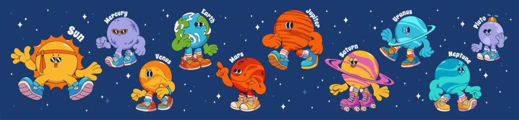 Groovy universe cartoon planets collection with cute characters on starry sky background. Funny vintage cosmic mascot illustration for children educational materials or outer space retro designs. © klyaksun